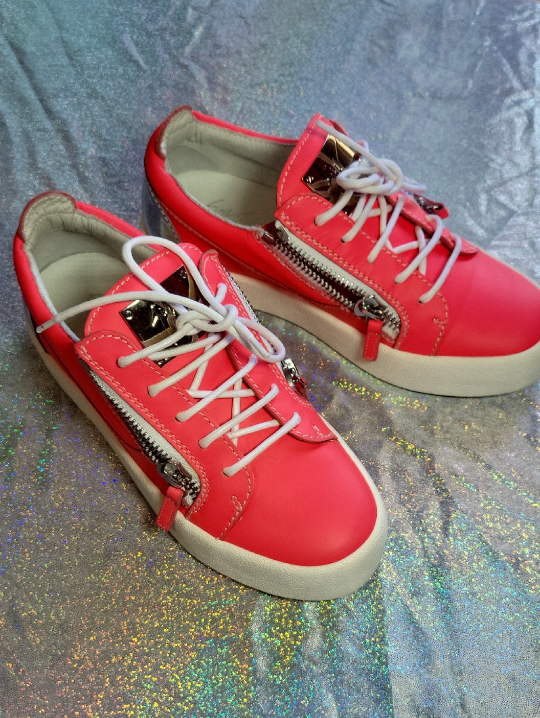 Giuseppe Zanotti Coral Pink Double Zipper Leather Low Top Sneaker Sz:8